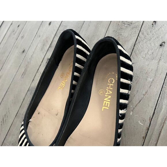 CHANEL Black Ivory Velvet Zebra Striped CC Ballet Flats Size 39 9 - Picture 7 of 13